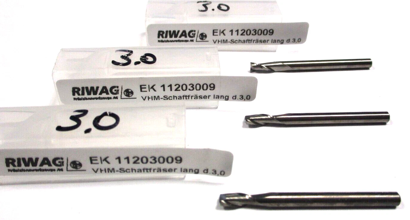 3x RIWAG VHM Schaftfräser lang Ø3 x7x37 SchaftØ3 Z=2 EK 11203009 Neu D2992