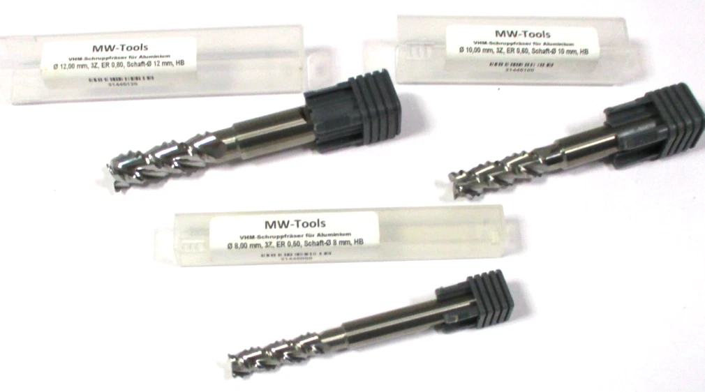 3x MW-TOOLS VHM Schaftfräser Schrupp für ALU Ø8 Ø10 Ø12 HB Z3 Neu H62514