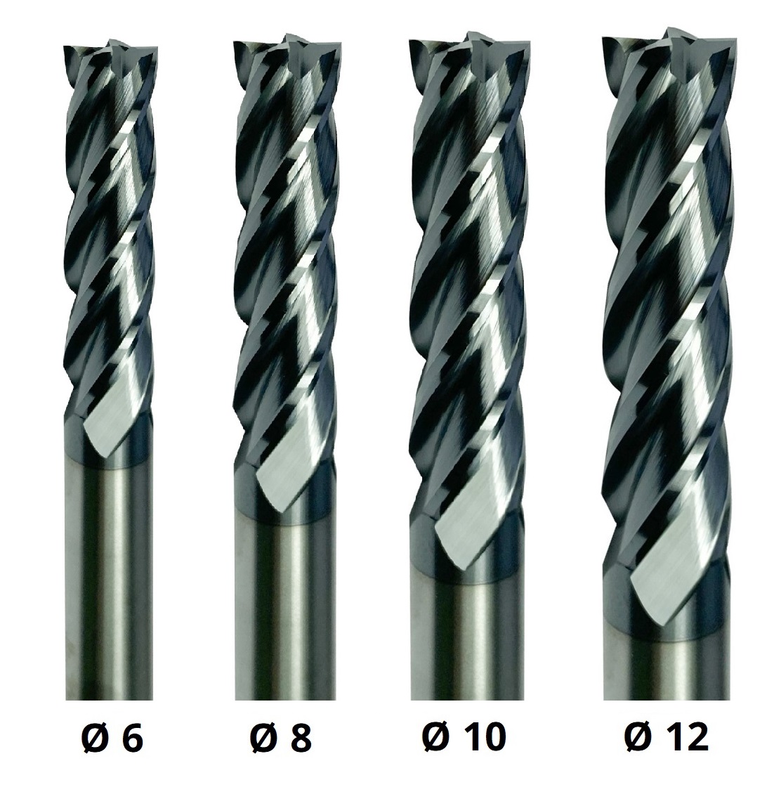 4x VHM Schaftfräser AlTiN - Extra Lang - SET Ø 6 mm, 8 mm, 10 mm, 12 mm