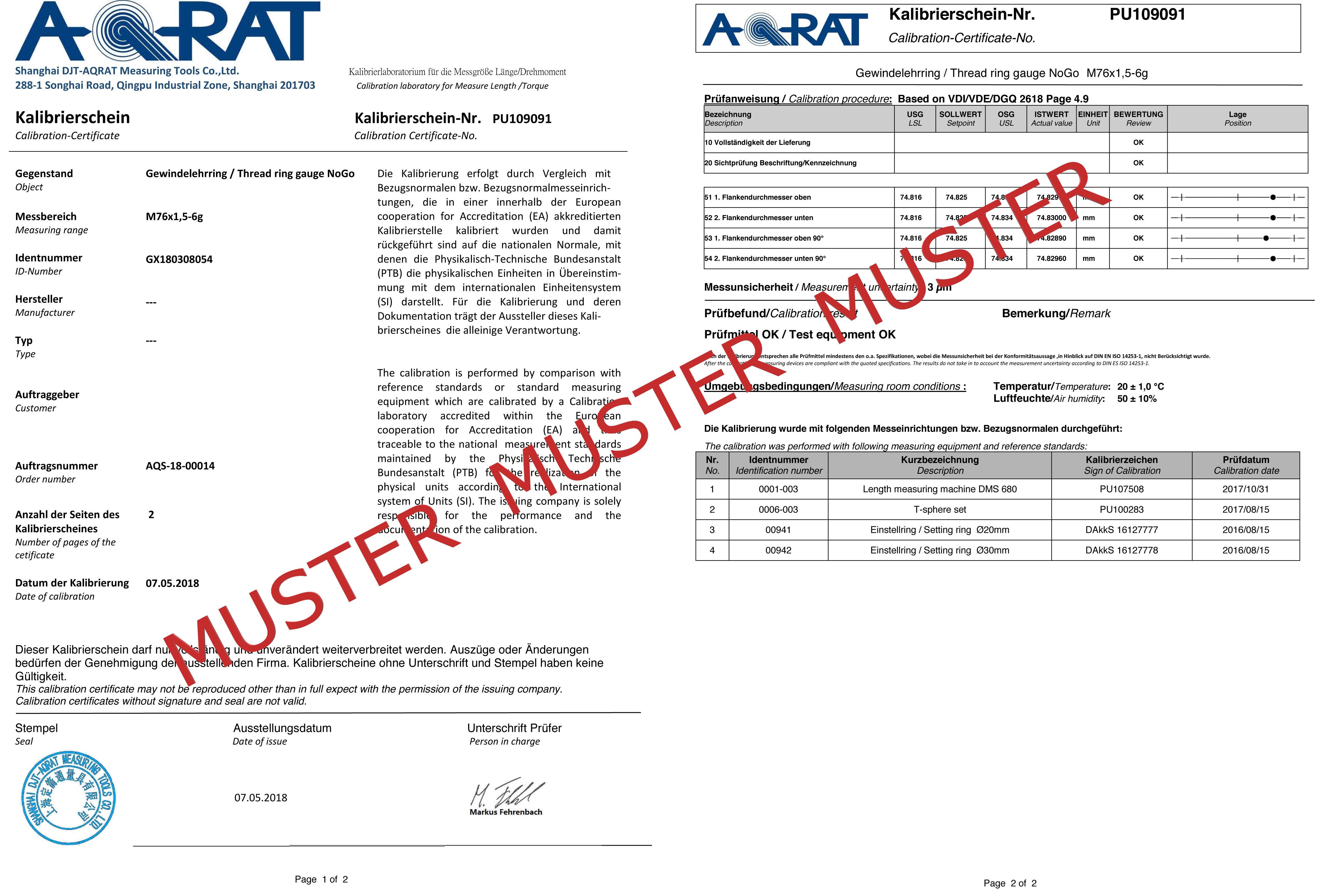 Gewindelehrring Gut  6g - Metrisch Fein - ab M60