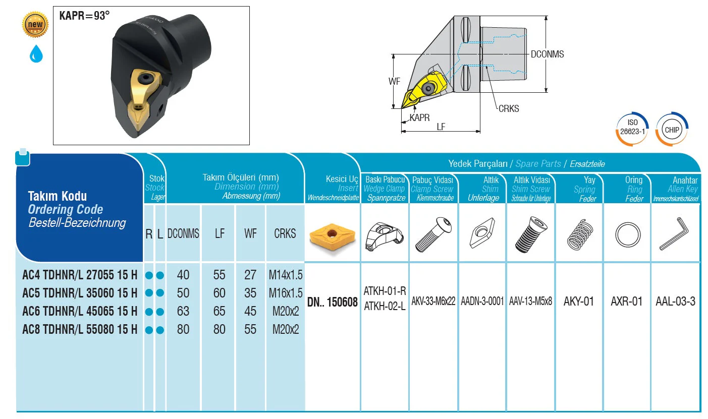 AC4 TDHNL/R 27055 15 H AKKO Monoblock-Drehhalter mit Polygonschaft, Schneidkopf kompatibel mit Capto 4