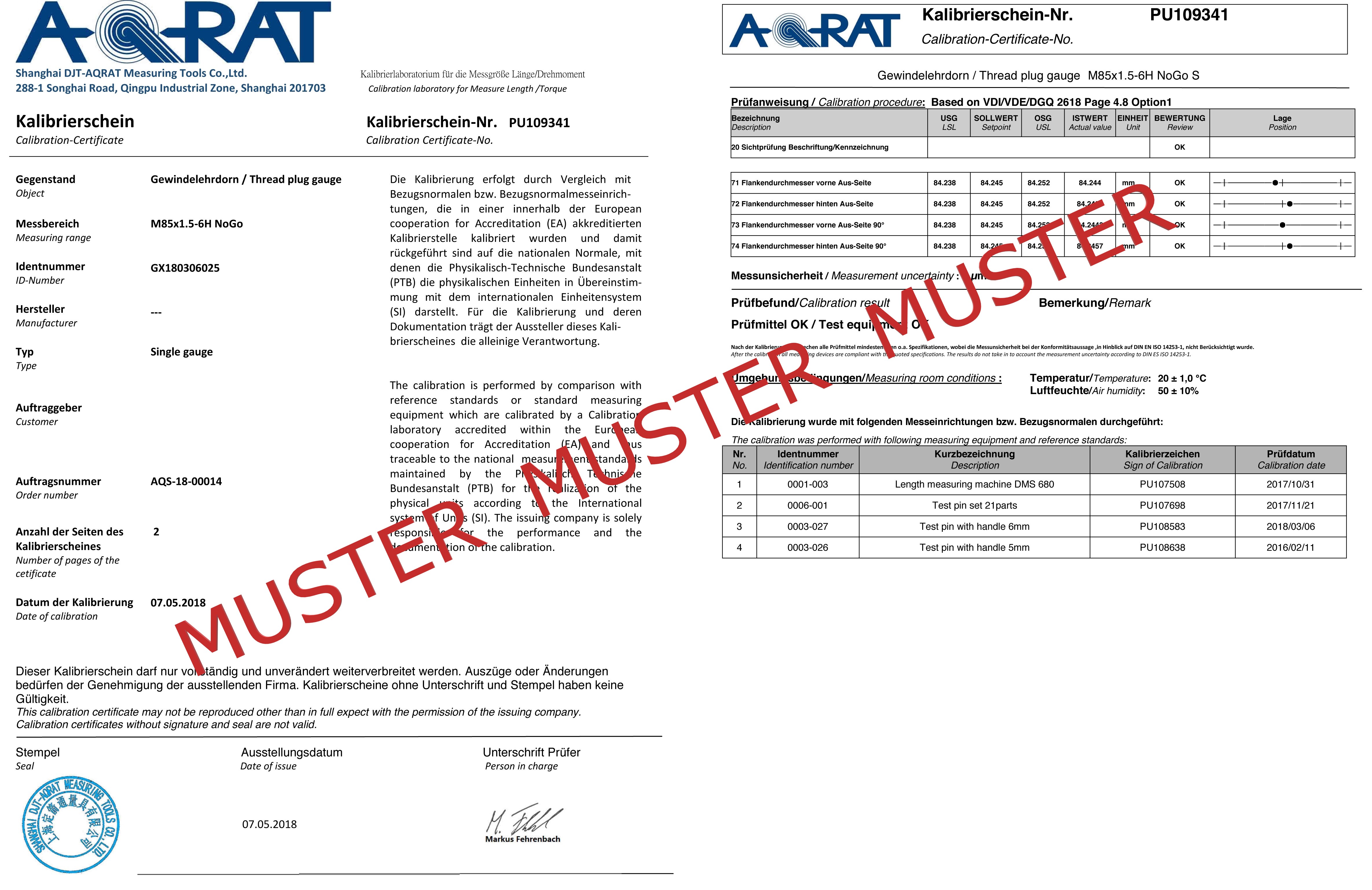 Gewindelehrdorn Ausschuss  6H - Metrisch Fein - ab M60